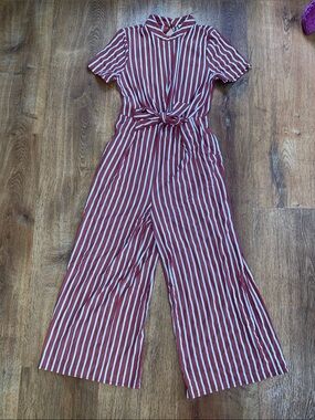 Everly Red and White Striped Tie-Waist Jumpsuit